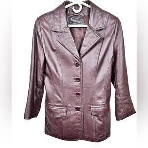 Leather burgundy brown blazer jacket, Med, button up, Vintage Retro Cool